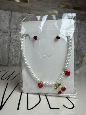 Pearl Bead Necklace & Stud Earring Set with Red Cherry Charms